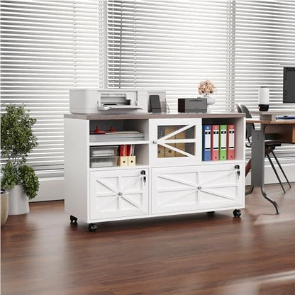 2 Drawer Farmhouse File Cabinet with Lock, Mobile Lateral Filing Cabinet for Letter/Legal/A4 Size, Open Storage Adjustable Shelf for Home Office Cabinets,White