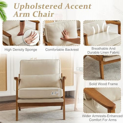 VINGLI Solid Wood Wide Armrests Accent Chair,Upholstered Mid Century Modern Chair with Pillow,Comfy Reading Chair Farmhouse Arm Chair,Chairs Living Room,Bedroom,Guest Room,Linen Fabric,Beige