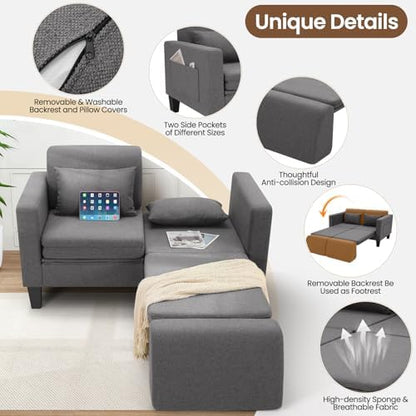 SEJOV 6-in-1 Convertible Sofa Bed, 58" Loveseat Sleeper Sofas, Gray | Pull Out Couch Bed with Removable Backrest, Storage Pockets and 2 Pillows, Modern Folding Linen Futon Couch for Small Spaces