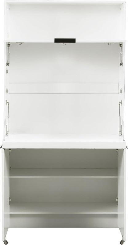 Tall Pantry Cabinet with Power Outlet, Multifunctional Cupboard with Adjustable Shelf, Hutch and Foldable Workstation for Dining Room, Living Room (White)