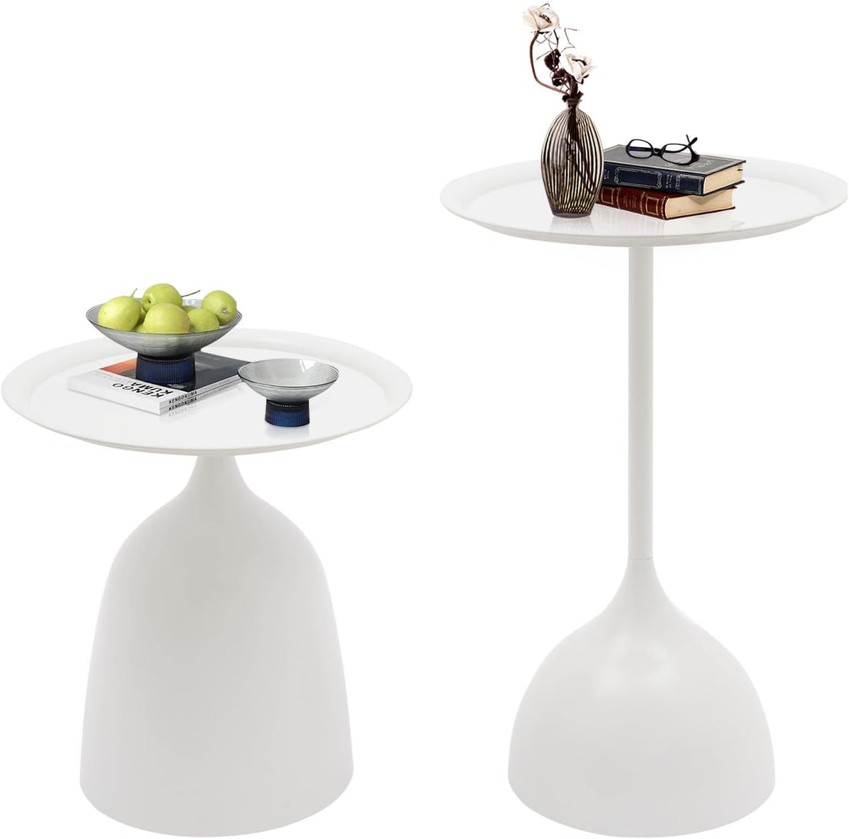 Metal Nesting Tables, Round Side Table Set of 2, White | Pedestal Tables, 17'' & 23'' Height, For Living Room Bedroom Office, Sofa Side and Bedside Console