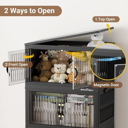 BROVIEW 320Qt Stackable Storage Bins with Lid, Extra Large Closet Organizer Collapsible Drawer Boxes with Wheels, Folding Plastic Cabinet Containers for Home Kitchen Room Organization, 4Pack Black