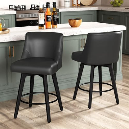 26" Counter Height Swivel Bar Stools, Set of 4, Black Grey | Faux Leather Upholstered Counter Barstools with Backs, Solid Wood Legs for Kitchen Island, Home Bar Chairs