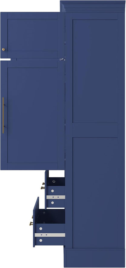 Polibi Farmhouse Freestanding Kitchen Pantry Cabinet, 40" Wide 4-Door Storage with Pull-Out Trays, Drawers & Cake Pan Organizer, Shaker Style in Blue