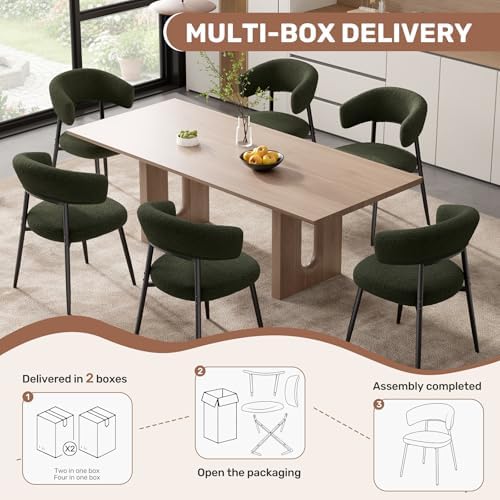 Dining Chairs Set of 6, Mid Century Modern Kitchen Chairs, Boucle Upholstered Dining Chair with Curved Backrest & Metal Legs for Kitchen Dining Room, Green