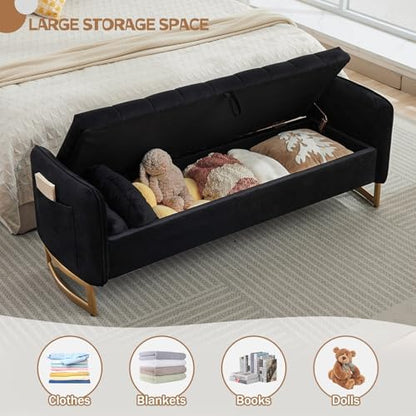 66" End of Bed Storage Bench King Size, Storage Benches for Bedroom, Black | Velvet Upholstered Foot of Bed Bench, Storage Ottoman Benches with Golden Legs, Pillows and Side Pockets for Window, Entryway