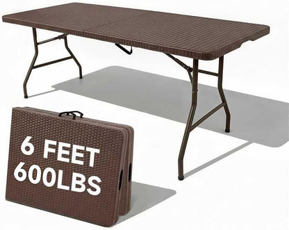 Folding Table 6 Foot, Heavy Duty 600 LBS Capacity, HDPE Wicker Pattern, Sturdy Design with Safety Lock, Portable Tables Folding for Camping, Party, Indoor & Outdoor Use, 2 Pack