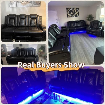 Power Recliner Sofa Set, Breathing Leather Reclining Couch Set, 3 Piece Living Room Furniture Set with LED Lights/Charging Ports/Storage for Home/Office (Black, Sofa+Loveseat+Chair)
