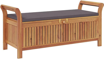 Solid Acacia Wood Garden Storage Bench with Dark Grey Cushion, Outdoor Patio Seat with Under-Seat Storage, Oiled Finish for Weather Protection, Easy Assembly