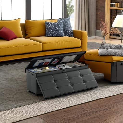 DocSafe Storage Ottoman Bench,Fireproof＆Waterproof Folding Bench with Lock(15”x 43”x15”),Leather Storage Chest with Handles＆2 Extra Boxes,Ottoman Safe for Bedroom,Living Room,Home Office,Black