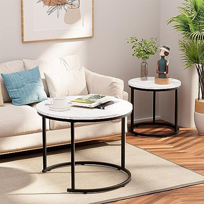 aboxoo Round Nesting Coffee Table Side Table Set of 2 End Tables for Living Room Bedroom Balcony, White Faux Marble Wooden Table Accent Coffee Table with Black Steel Frame