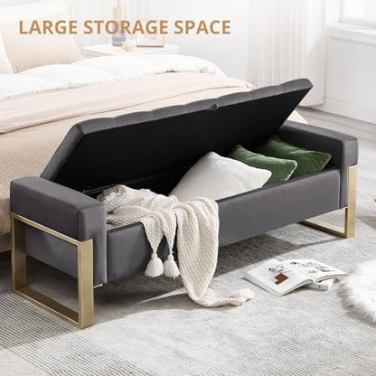 End of Bed Storage Bench, 67'' Benches for Bedroom Foot of Bed King Size, Upholstered Velvet Tufted Storage Ottoman Bench with Gold Legs for Window Living Room Entryway, Grey
