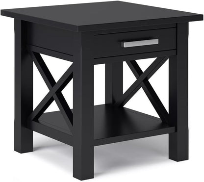 Pemberly Row Solid Wood End Table with Storage, Black Finish, 20.5" W x 20.5" D x 20" H, One Drawer and Shelf, Square Contemporary Design, Living Room or Bedroom Side Table