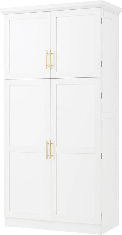 Freestanding Tall Kitchen Pantry Cabinet with 4 Doors and 2 Door Shelves,8 Pull-Out Trays and Adjustable Shelf,for Dining Room (White/F)