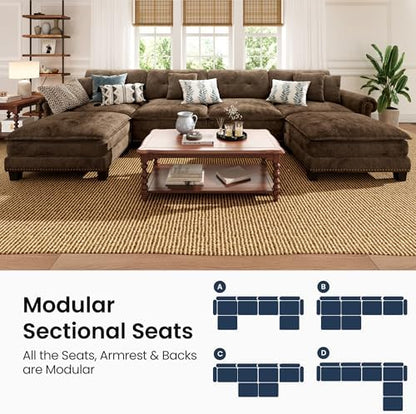PHI VILLA 150" Oversized Modular Sectional Couch U Shaped for Living Room | Mid-Century Modern 6-Seater Cloud Sofa, Grayish Brown, Rolled Arms & Nailhead Trim, Wider & Deeper Seats, Ottoman, Chenille