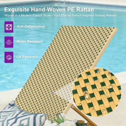 PURPLE LEAF Extra Wide Patio Lounge Chair Resort Wicker Set of 2, Green | Durable Handwoven Wicker, Matte Teak Wood-Grain Aluminum Frame, 5 Adjustable Positions, Non-Slip Pads, 440 lbs Capacity