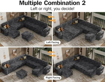 Vipbear 130" Modular Sectional Sleeper Sofa with Pull Out Bed, 9 Seat Corduroy L Shaped Couch with Ottoman and Chaise|USB Ports|Cup Holders|Side Table, Tool Free Assembly, Grey