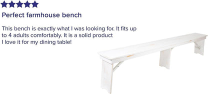 Flash Furniture Hercules Commercial Grade Farmhouse 3 Leg Bench - Solid Pine Foldable Bench with Seating for 4 - 8'x12" - Antique Rustic White