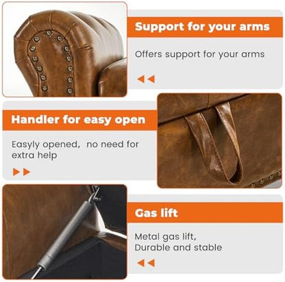 Furniliving Storage Ottoman Bench, Leather Benches End of Bed Bench with Solid Wood Legs Upholstered Ottoman Bench with Storage Indoor Bench for Living Room with Rolled Arm, Entryway, YellowBrown