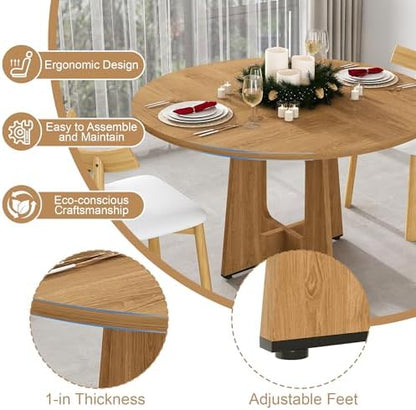 Modern 5-Piece Dining Table Set with 4 Chairs,Oak Round MDF Dining Table, Beige Fabric Upholstered Chairs with Natural Wood Legs for Kitchen Dining Room Home