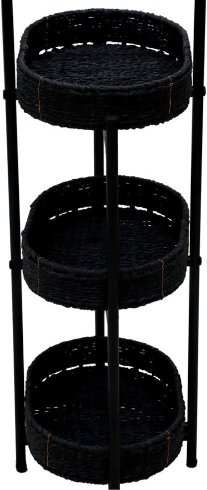 Small Handwoven Side Table 3-Tier Oval Storage Organizer, Wicker Shelf for Kitchen, Living Room, Bedroom, Balcony, Picnic, Portable Woven Rack (Black)