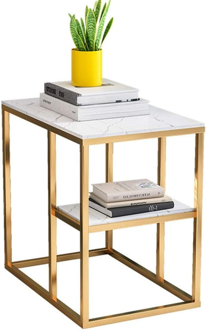 Telephone Table, Sofa Side Table Telephone Table Corner Table 2 Tier Storage Shelf for Office Hallway or Living Room,Marble Table Top and Metal Frame,21.6''×15(White