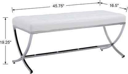 DUOMAY Modern Tufted Ottoman Bench, 45.75" W x 16.5" D x 19.25" H, White | PU Leather Upholstered, Button Tufted, Footrest Stool Vanity Seat, X Metal Legs