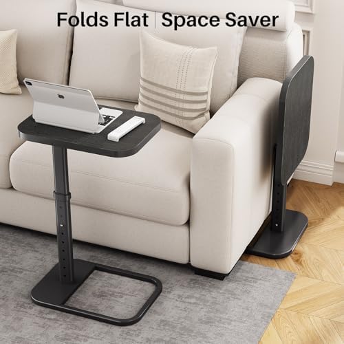 Kitstorack TV Tray Table, Adjustable Height & Rounded Metal Corners, Snack Table for Couch, Sofa, Bed, Chair, Living Room, C Shaped End Side Table for Eating, Dinner or Laptop, Small Spaces, Black