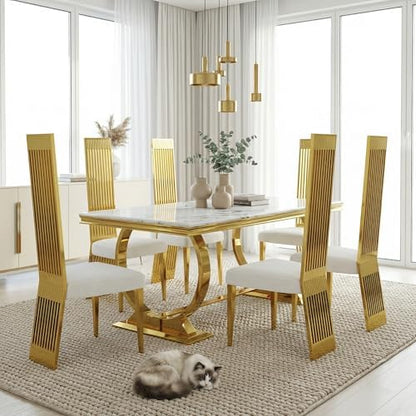 Dining Chairs Set of 6, Luxury Upholstered Boucle Chairs with Slatted Mirrored Polished Metal High Back and Legs, Modern White and Gold Dining Chairs with Breathable Backrest