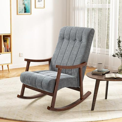 AVAWING Rocking Chair, Dark Grey Upholstered High Back Solid Wood Armchair | Soft Fabric Padded Seat; Sturdy Solid Wood Frame; Ergonomic High Back; For Adults; Easy Assembly; Living Room Bedroom Leisure
