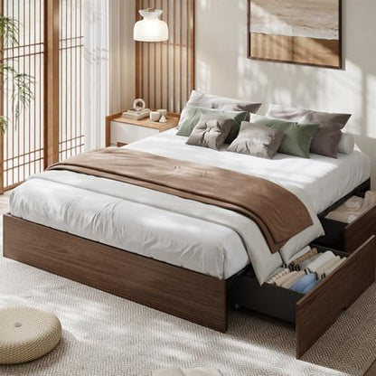 GarveeHome Wood Platform Bed Frame, Queen Bed Frame with 2 Drawers
