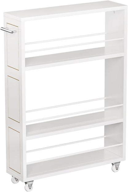 KLM 4 Tier White Slim Storage Cart with Handle, Slide Out Storage Rolling Utility Cart for Kitchen, Laundry, Narrow Places-6.7" W