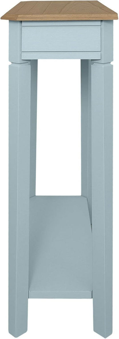 East at Main Marnie Blue Narrow Console Table for Entryway with Drawer | 23.75-inch slim hallway table with lower shelf, powder blue and natural wood finish, coastal furniture for small spaces