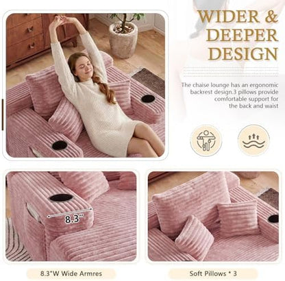 65" Oversized Chaise Lounge Chair Indoor, Chaise Lounge Chair with Cup Holders Side Pockets 3 Pillows, Cloud Corduroy Chaise Sofa Bed Sleeper Couches for Living Room No Assembly Require,Pink