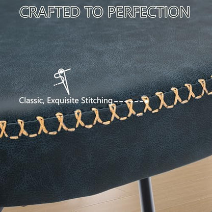 Rattan Dining Chairs Set of 2, Blue Leather Upholstered Dining Chairs with Rattan Cane Back, Mid Century Modern Dining Room Chairs with Black Metal Legs & D-Shaped Thicken Cushion, Blue