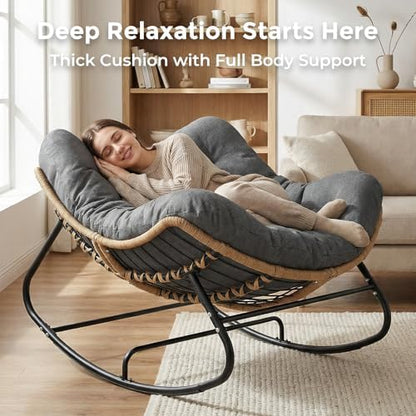 SWITTE Outdoor Rocking Papasan Chair with Thick Cushion, Dark Gray | Oversized Modern Wicker Lounge Rocker with Comfy Cushion, Cozy Egg Chair Steel Frame for Patio, Porch,or Indoor Reading Nook