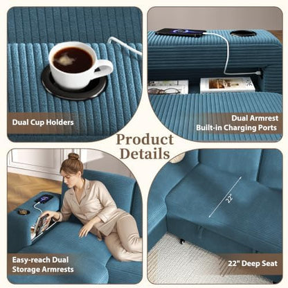wanan Sectional Sleeper Sofa with Pull Out Couch Bed, 7 Seats Modular U Shaped Cloud Couch with Storage Chaise, Dual Arm Storage & USB Charging, Adjustable Backrest Sofa,Blue Corduroy
