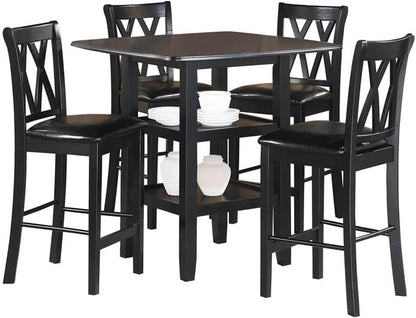 MAKLAINE 5 Piece Solid Wood Counter Height Dining Set, Black Finish, Table with 2 Shelves and 4 X-Back Chairs, Faux Leather Seat Upholstery, 39.5 in Table for Kitchen or Dining Room