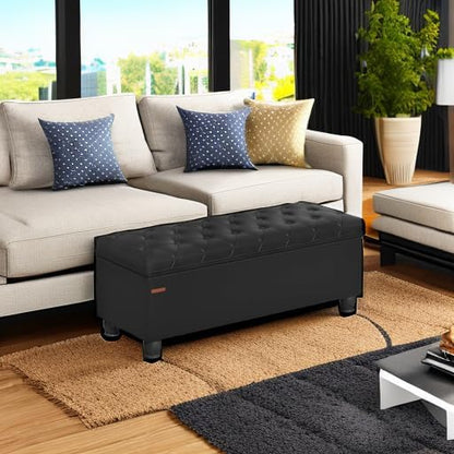 SONGMICS Storage Ottoman, 46.5 Inches Long Bed End Stool, Solid Wood Legs | Buttons Decoration, Non-Slip Foot Pads, 330.7 lb Load Capacity, Ink Black, MACEO Collection ULOM071B01