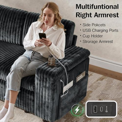 Vipbear 130" Modular Sectional Sleeper Sofa with Pull Out Bed, 9 Seat Corduroy L Shaped Couch with Ottoman and Chaise|USB Ports|Cup Holders|Side Table, Tool Free Assembly, Grey