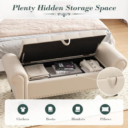 Apicizon 51” Bench with Storage, Faux Leather Ottoman Bench with Rolled Arm & Vintage Rivets, End of Bed Bench for Bedroom, Living Room, Entryway, Beige+Brown Legs