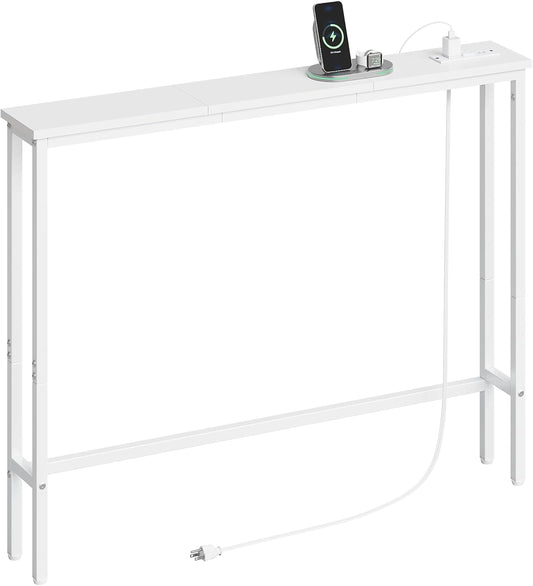 ELYKEN 39.4'' Narrow Console Table with Outlet, Sofa Table Behind Couch | Skinny Entryway Tables with Charging Station for Living Room, Hallway, 5.9 x 39.4 x 29.5in, White