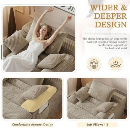 65" Oversized Chaise Lounge Chair Indoor, Chaise Lounge Chair Double Layer Side Pockets 3 Pillows, Cloud Corduroy Chaise Sofa Bed Sleeper Couches for Living Room No Assembly Require,Camel