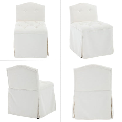 White Tufted Makeup Vanity Chair with Wheels, Small Upholstered Skirted Slipper Accent Chair with Low Back & Metal Legs, Armless Rolling Vanity Stool Desk Chair for Living Room Bedroom