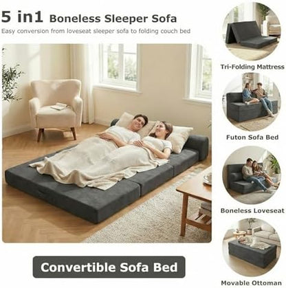 5-in-1 Convertible Sofa Bed, Loveseat, Tri-fold Futon Sofa Bed with Removable Cushions & Washable Cover, Pull Out Couch with Handle, for Small Spaces, Queen Size, Grey