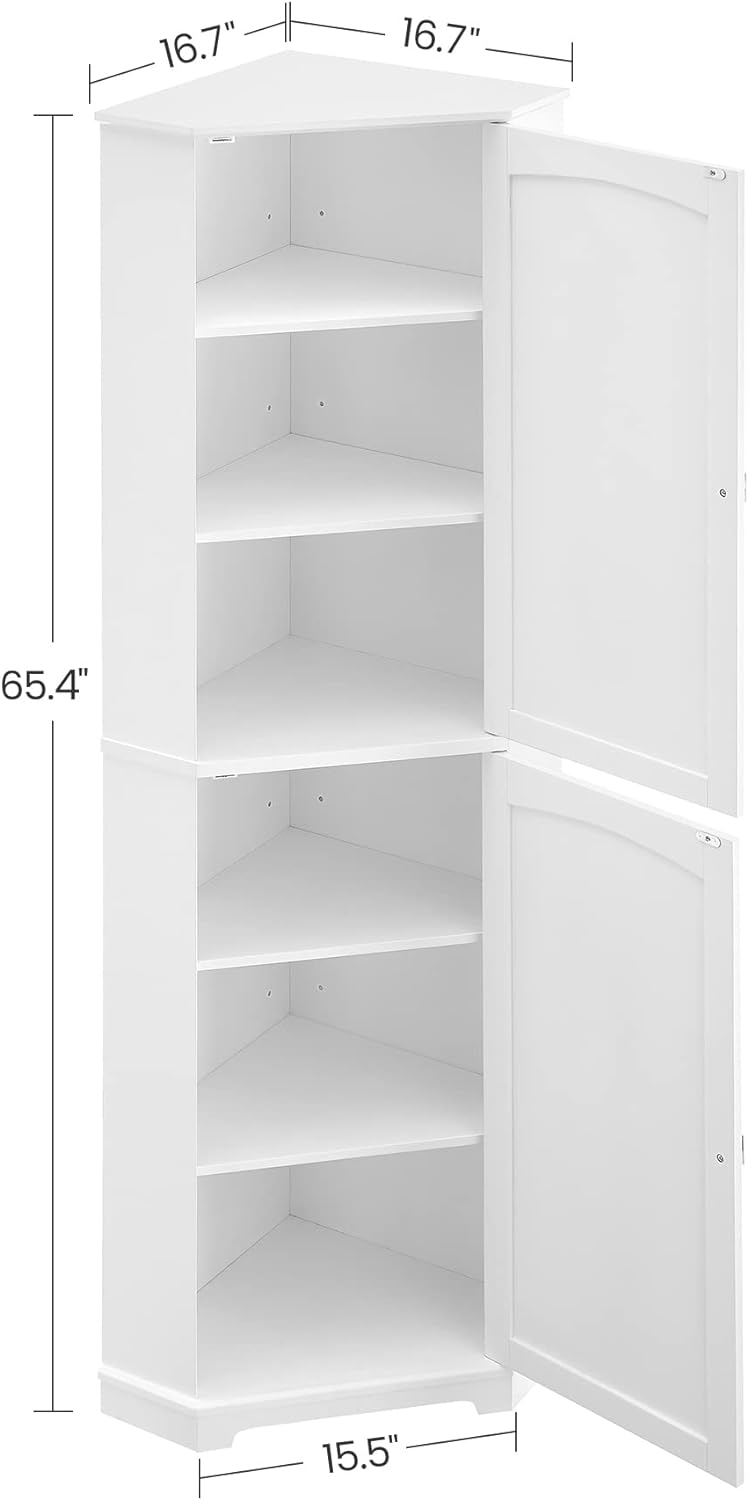 VASAGLE Corner Cabinet, Tall Corner Storage Cabinet with 2 Doors and 4 Adjustable Shelves, for Bathroom Kitchen Living Room, Modern Farmhouse Design, White UBBC541P31