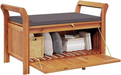 Solid Acacia Wood Patio Storage Bench with Cushion, 35.8 Inch Outdoor Bench with Curved Arms and Ample Storage Space for Pillows and Blankets