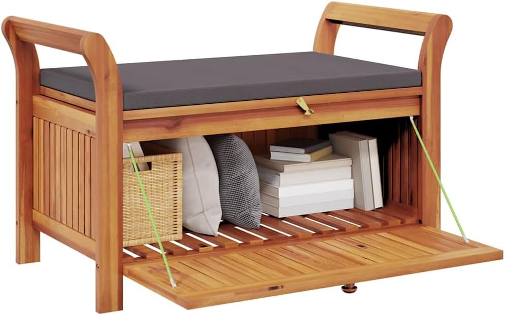 Solid Acacia Wood Patio Storage Bench with Cushion, 35.8 Inch Outdoor Bench for Garden, Curved Arms, Ample Storage for Pillows and Blankets