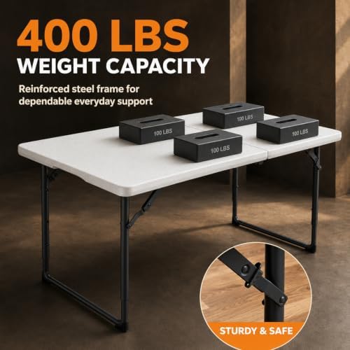 4FT Folding Table 3 Levels Adjustable Height, Heavy Duty Fold-in-Half Portable Table, 400 lbs Capacity Foldable Table for Party Dining Camping Events Picnic Outdoor Indoor Use, 2 Pack