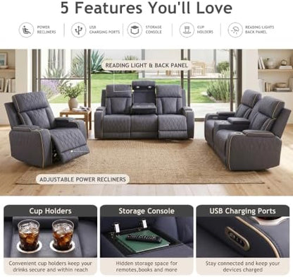 Power Reclining Sofa Set with USB Charging/LED, Blueish Grey Leather Recliner Couch with Cup Holders/Storage Console, 3 Pieces Home Theater Furniture for Living Room/Apartment/Office